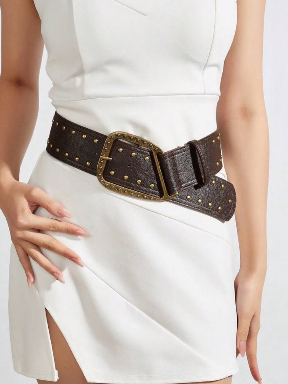 Brown Studded Wide Leather Belt with Antique Gold Buckle